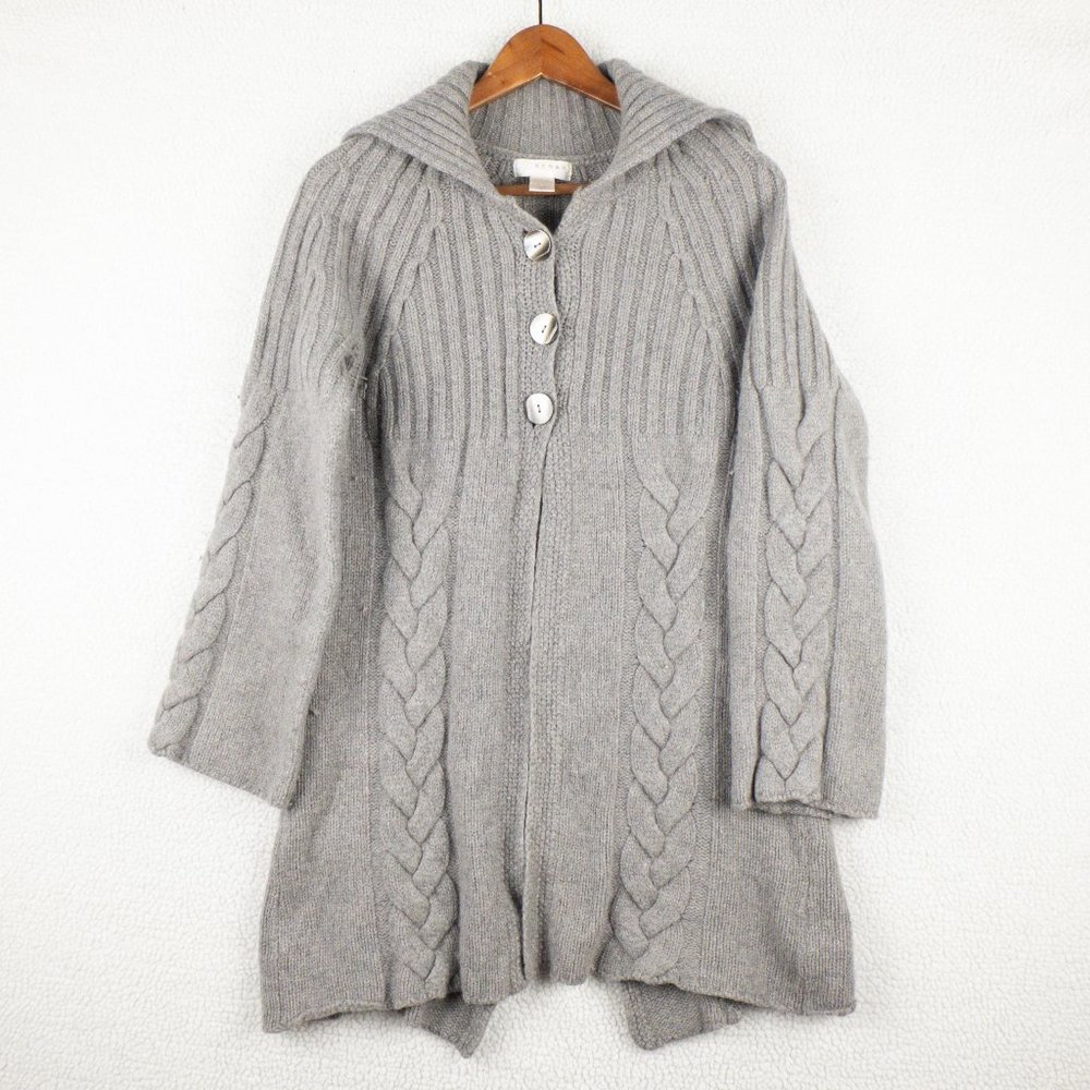 Kenar Cable Knit Sweater Womens Extra Large Gray Lambswool Long Button Up